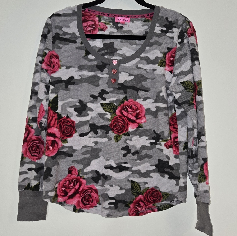 Betsey Johnson Gray and Pink Floral Long Sleeve Top
